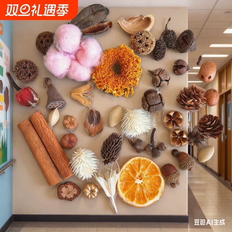 幼儿园松果木片树叶干花干果组合圣诞diy手工干花干果橡果艺术品