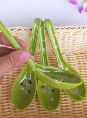 绿色勺 饭店吃饭勺 密胺绿勺带钩树脂勺子密胺餐具塑料调羹仿瓷勺