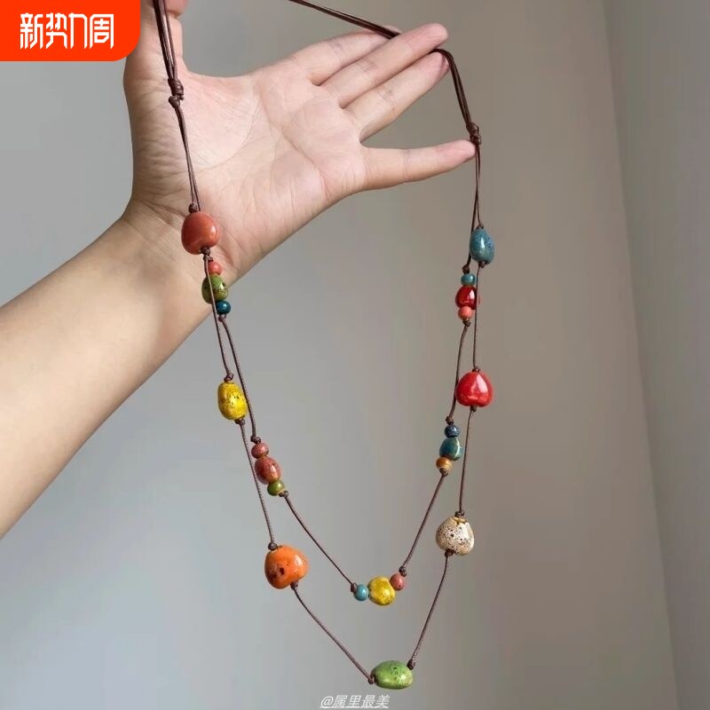 简约长款珠子编织绳陶瓷项链复古民族风小众毛衣链