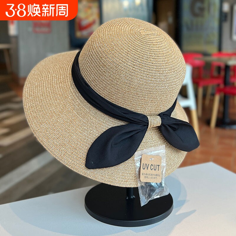 赫本风法式蝴蝶结草帽女出游可折叠大檐遮阳帽夏季户外草编渔夫帽