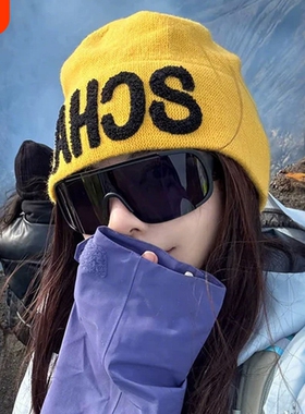 针织帽女新款秋户外登山草原旅游堆堆冷帽显脸小黄色毛线帽子