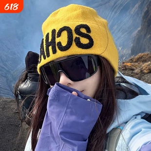 针织帽女新款秋户外登山草原旅游堆堆冷帽显脸小黄色毛线帽子