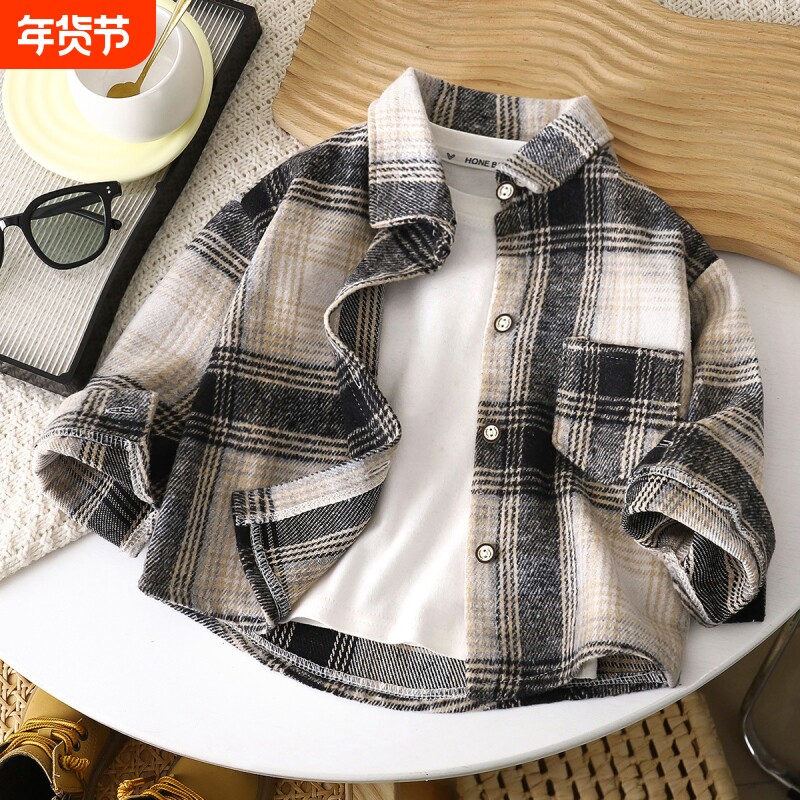 春秋季童装儿童休闲方格衬衫男女宝宝衬衣时尚上衣中小童潮流格子