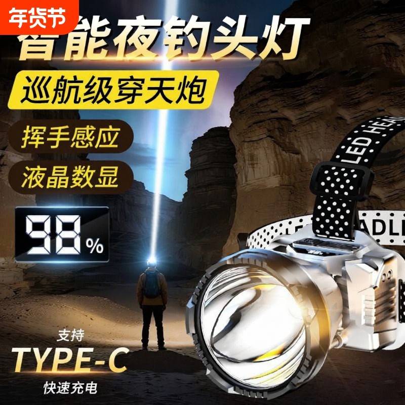 头灯头戴式强光充电超亮钓鱼专用超长续航锂电手电筒矿灯感应夜钓