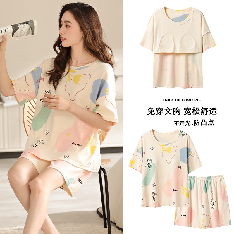 带胸垫睡衣女春夏季短裤两件套装大码家居服夏可外穿防凸点柔软