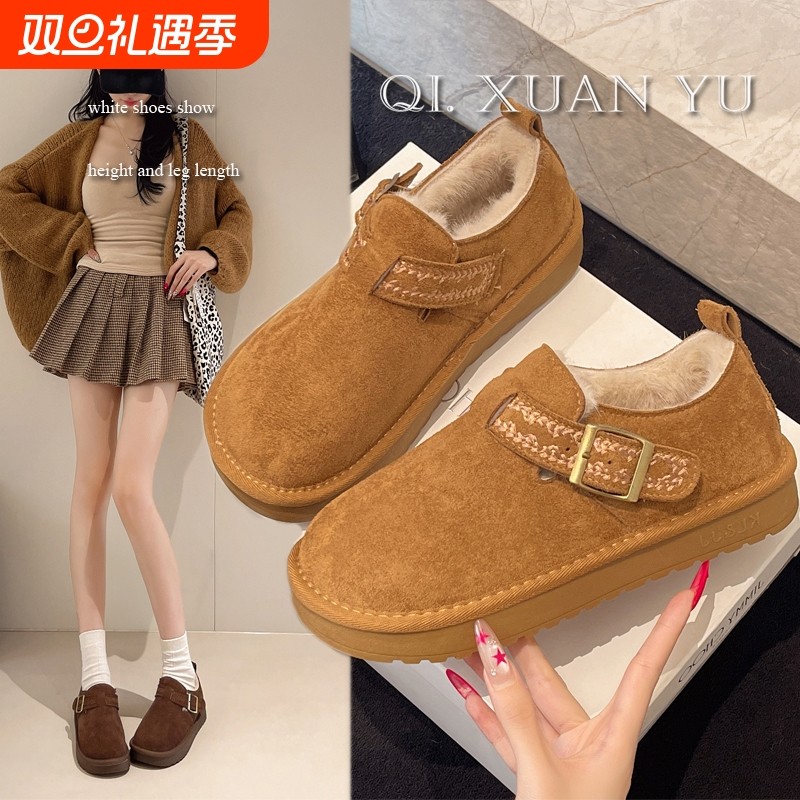 厚底勃肯鞋女加绒保暖毛毛棉鞋2025年冬季一脚蹬软底雪地靴平底