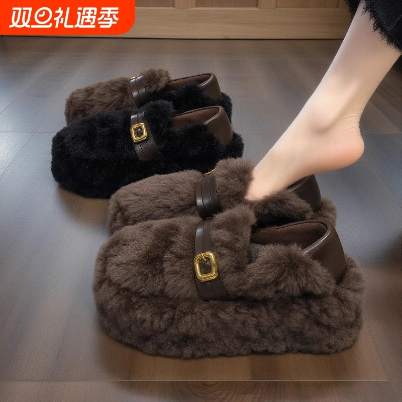 羊羔绒毛毛鞋女2025新款冬季厚底加绒保暖孕妇豆豆棉鞋后跟防滑