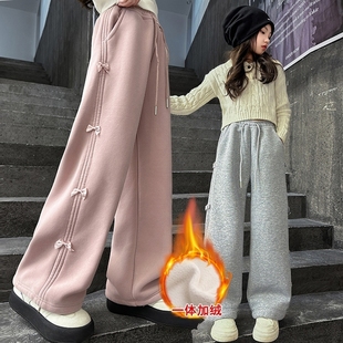 女童运动裤子2026秋冬中大童加绒卫裤儿童宽松直筒长裤粉色休闲