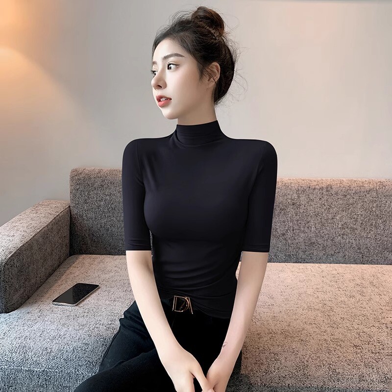 黑色莫代尔半高领中袖打底衫女春秋冬新款紧身显瘦薄款上衣白色
