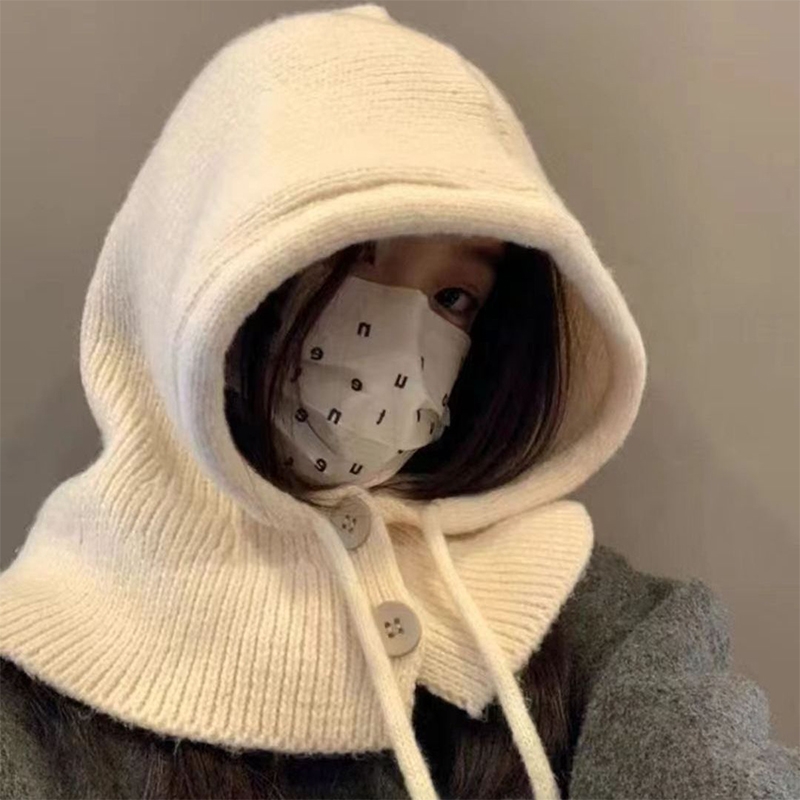 帽子巴拉克拉法帽女秋冬围巾一体护耳帽大头围灰色针织包头帽卫衣