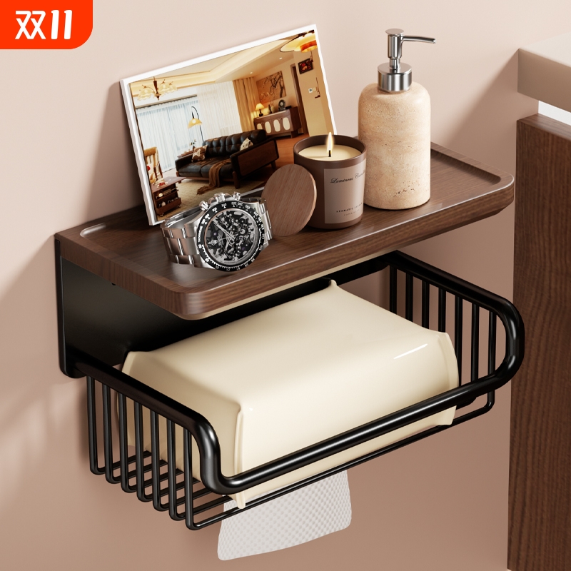 实木纸巾架卫生间厕纸盒手纸原木风抽纸盒挂墙卷纸架免打孔胡桃木