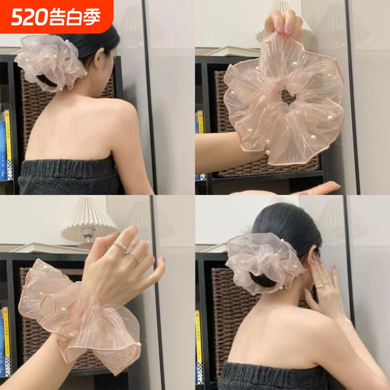 慵懒气质网纱钉珠大肠发圈银丝条纹扎头绳简约马尾发绳头发饰法式