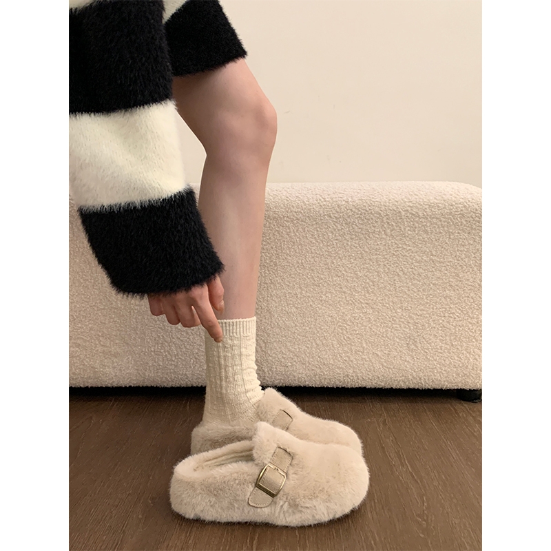 兔毛巨好看厚底勃肯鞋包头半拖毛毛拖鞋女外穿2025新款冬季棉拖鞋