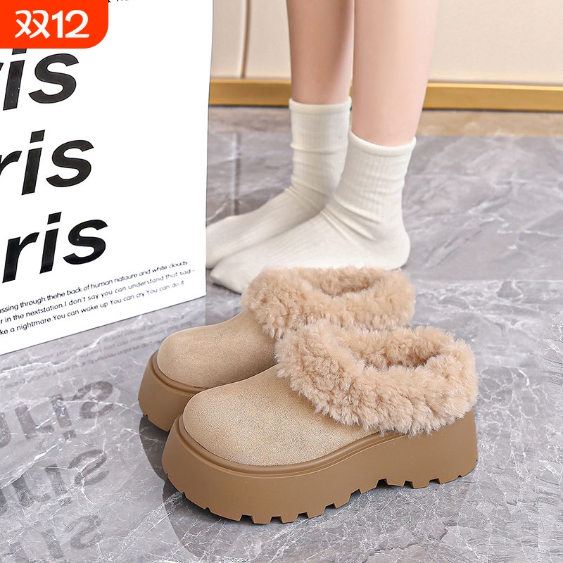 厚底增高一脚蹬毛毛勃肯鞋半拖女冬季加绒保暖毛绒2025新款棉拖鞋