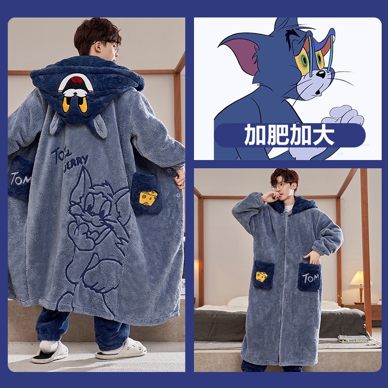 秋冬季珊瑚绒男睡袍新款胖哥哥大码睡衣男加厚加绒卡通长袍家居服