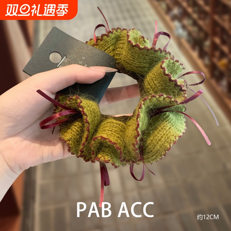 韩国森系显白果绿撞色针织毛绒蝴蝶结发圈双层软糯高端弹力皮筋