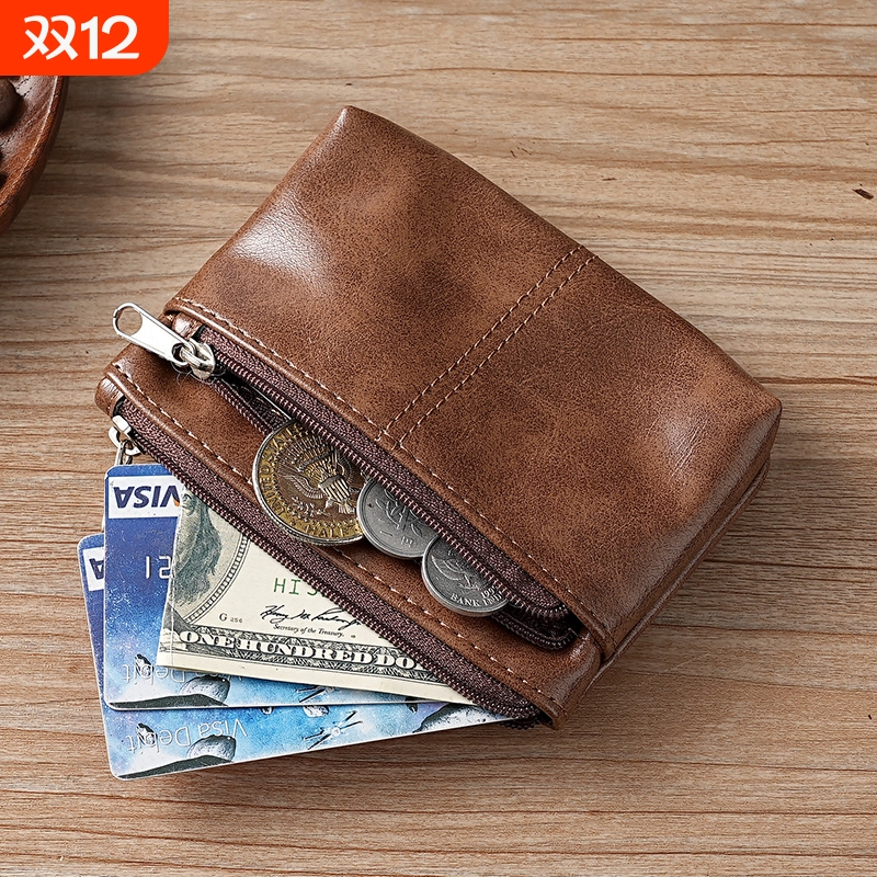 复古风油蜡皮零钱包男女款迷你钱包拉链钥匙包纯色高级质感卡包
