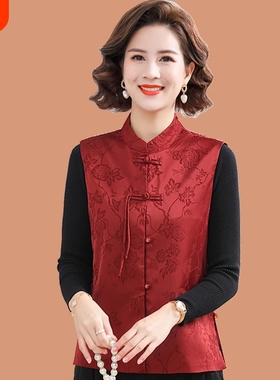 2026春季新款中国风马甲上衣中老年女装中式盘扣唐装坎肩红色背心