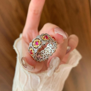 复古宫廷风双色钻镂空分金戒指高级感精致重工时尚 925法式 食指戒