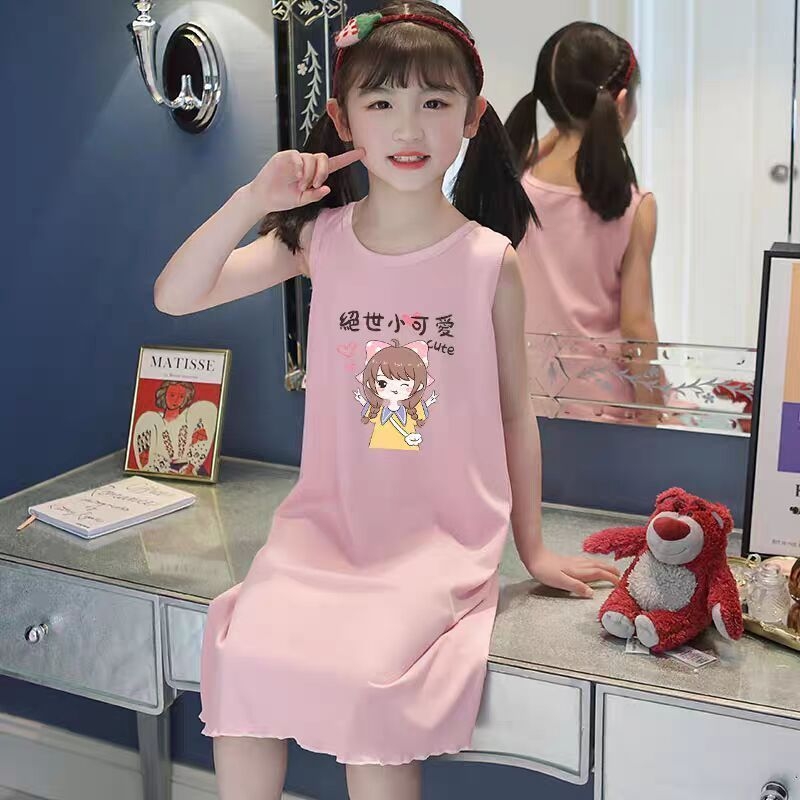 2025新款女孩冰丝莫代尔女童夏季背心裙卡通睡衣裙母女亲子家居服