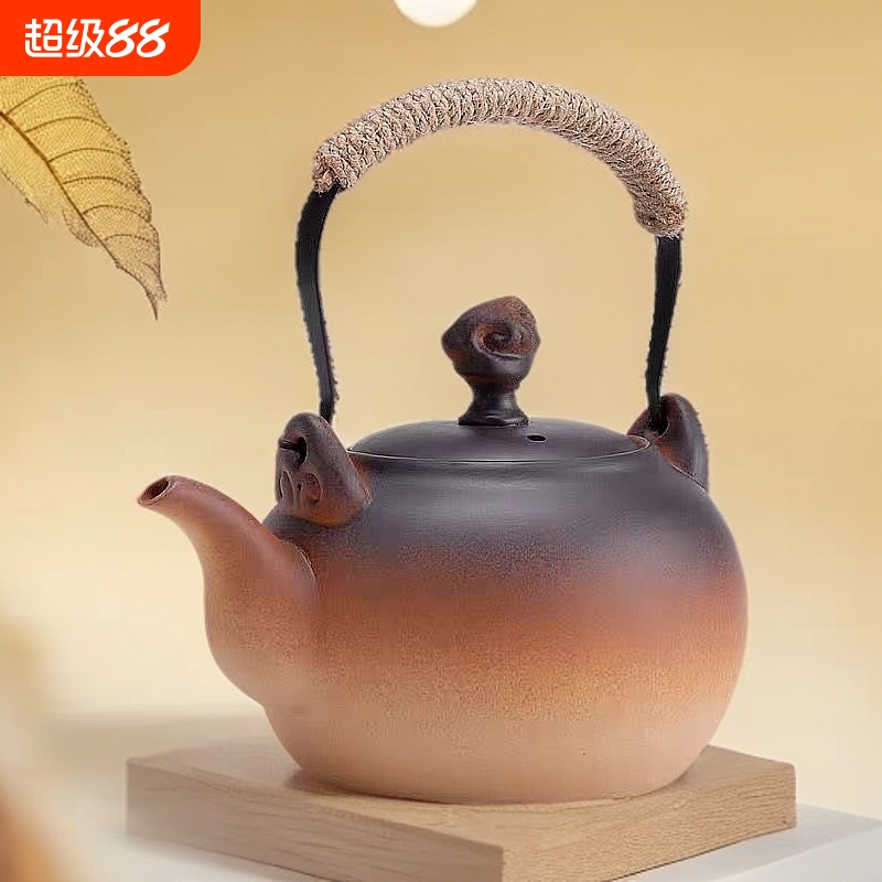 陶瓷烧水壶电陶炉煮茶器粗陶提梁户外木碳明火大号功夫电热单陶壶