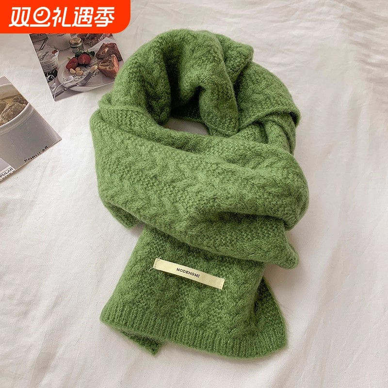 牛油果绿针织毛线围巾女秋冬季保暖加厚学生围脖绿色红色紫色蓝色