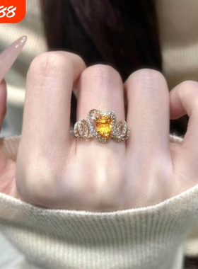 爆闪满钻橙色芬达方糖戒指女款轻奢小众设计高级感百搭不规则指环