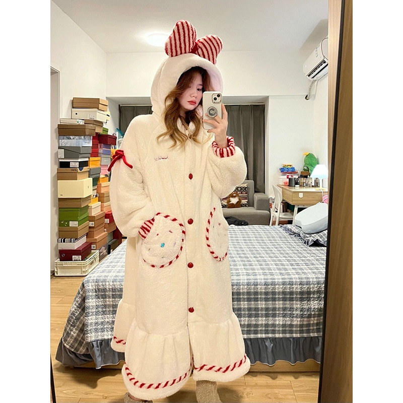 甜美少女连帽睡袍珊瑚绒睡衣女冬