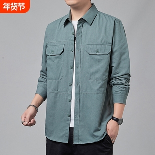 新款长袖港风衬衫男士春季潮牌工装翻领上衣服纯棉休闲衬衣外套男