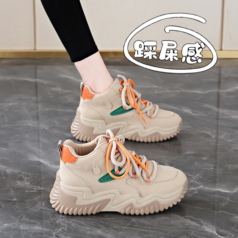 啄木鸟女鞋老爹鞋2025新款冬季爆款踩屎感皮面厚底运动鞋高帮松糕