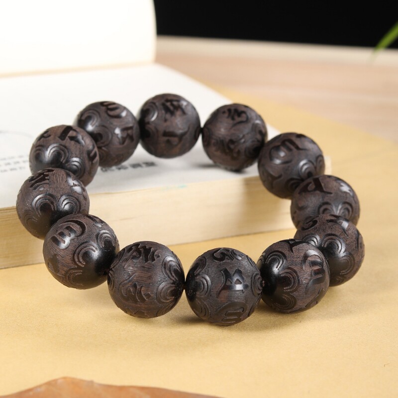 黑檀木雕刻六字真言手串木质佛珠手链20mm男女实木文玩单圈念珠