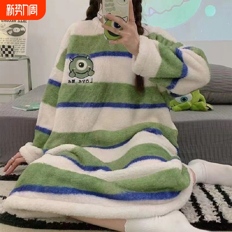 2025新款珊瑚绒睡裙女冬加绒睡衣法兰绒学生长裙青少年圆领家居服