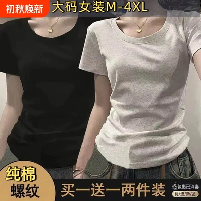 单/两件装纯棉短袖T恤女夏季纯色显瘦弹力上衣1黑色灰色白色通勤