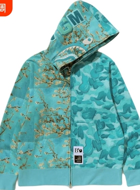 潮牌APE连帽卫衣高版本冬SHARKAPE迷彩拉链外套亲子红色刺绣鲨鱼