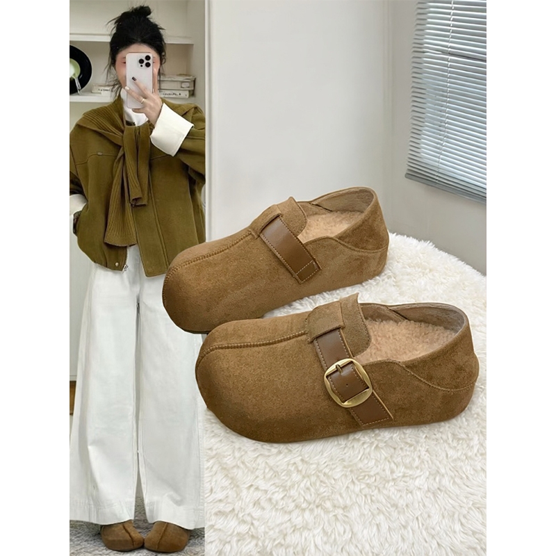 复古两穿勃肯鞋女冬季加绒大头丑萌保暖棉鞋2025新款内增高乐福鞋