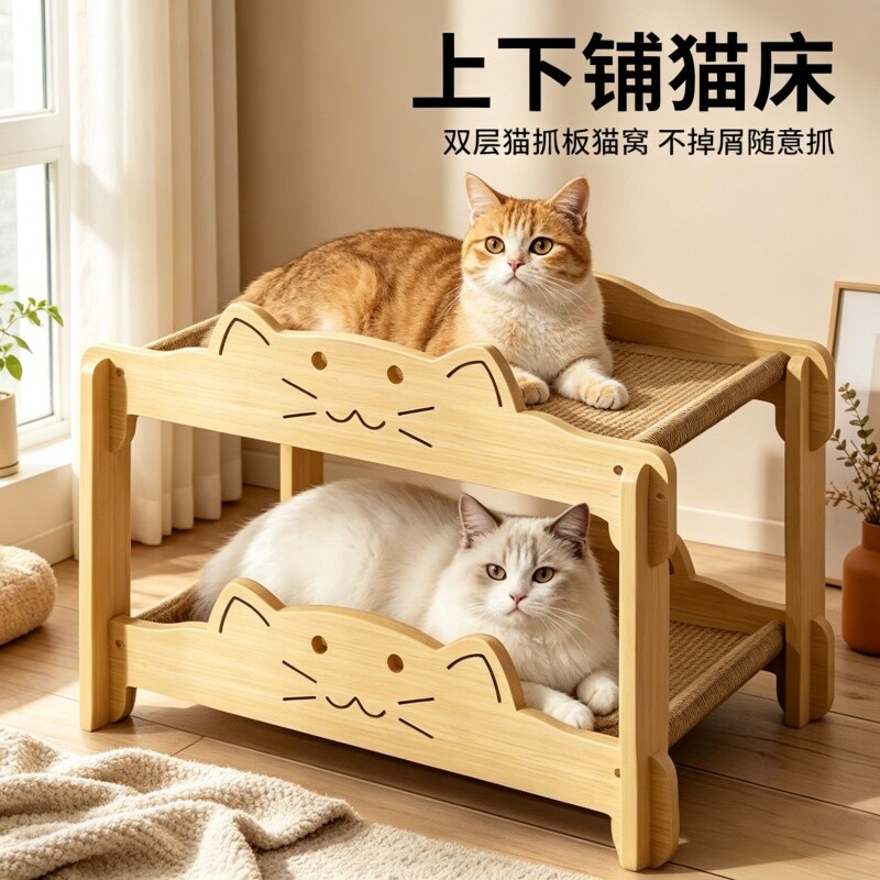 实木猫床吊床躺椅猫窝一体上下层图片