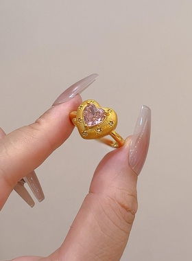 新中式金色拉丝粉爱心戒指