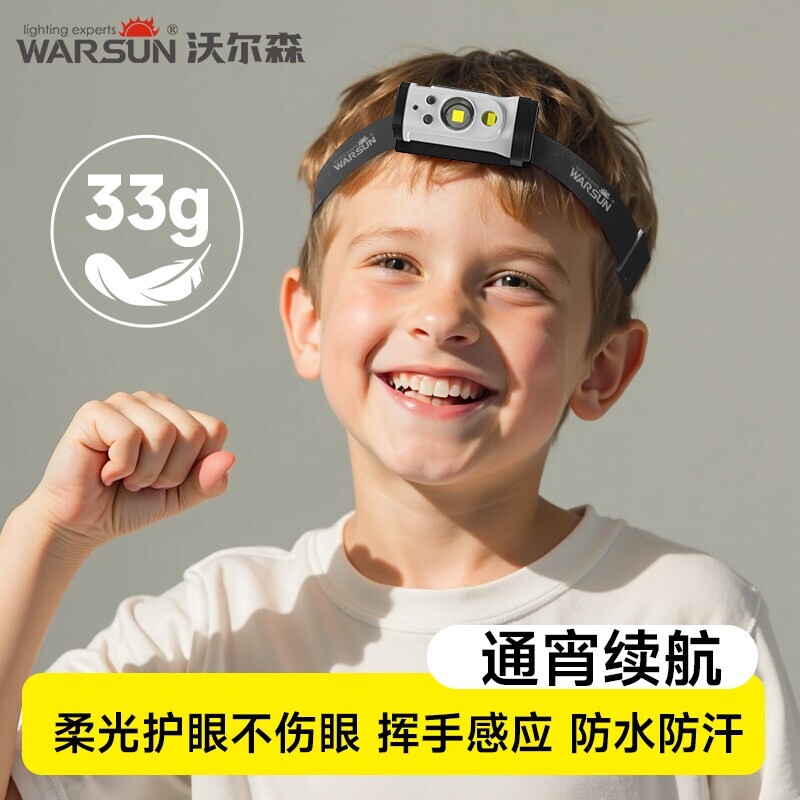 沃尔森Candy儿童头灯赶海露营感应登山轻便充电帽夹强光头戴式