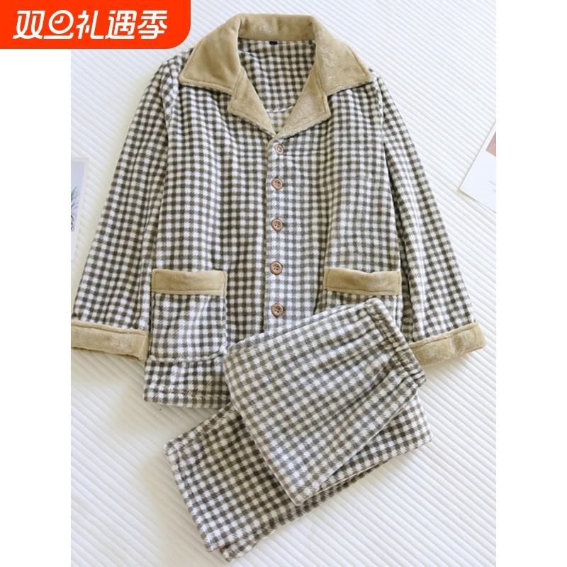 红豆外贸秋冬法兰绒睡衣男冬季加绒加厚珊瑚绒保暖日系格子家上衣