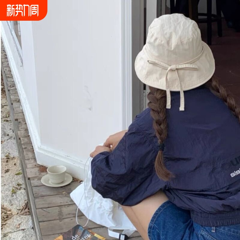 抽绳渔夫帽子女夏季薄款轻便防晒遮阳帽百搭显脸小盆帽潮大檐平顶