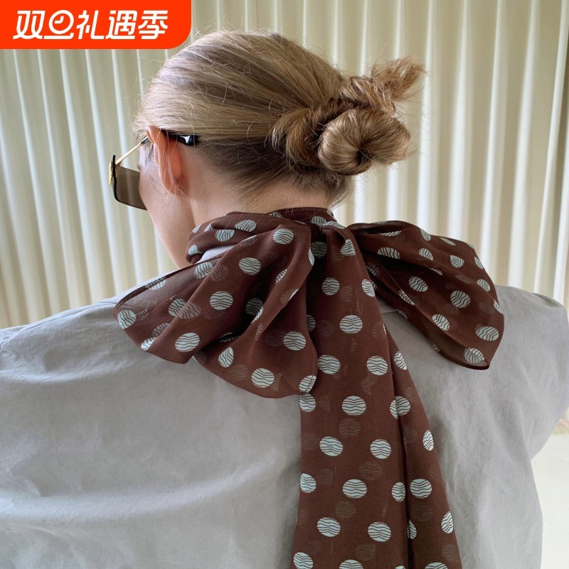 【波点腰果花】双层黑白波点腰果小丝巾气质长条丝巾围巾