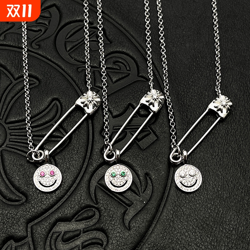 ODEK白金色满钻笑脸镶钻别针项链男女欧美小众气质锁骨链经典潮牌