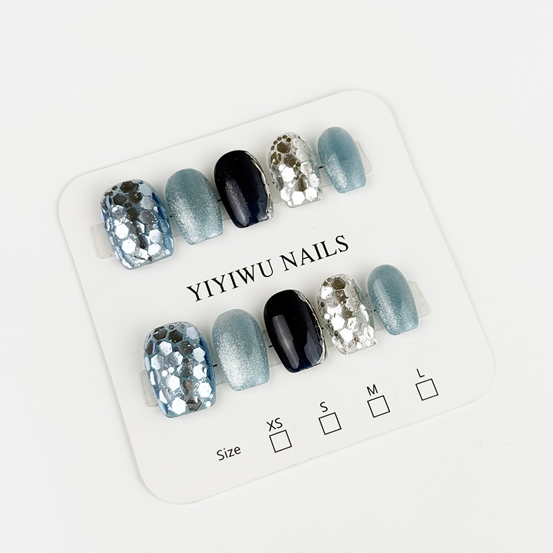 小众设计感蓝色闪粉穿戴甲片猫眼亮片美甲甲片多尺寸可选