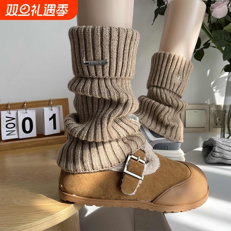 腿套白色针织女款冬季发热保暖袜套雪地靴堆堆袜秋冬小腿袜子加厚