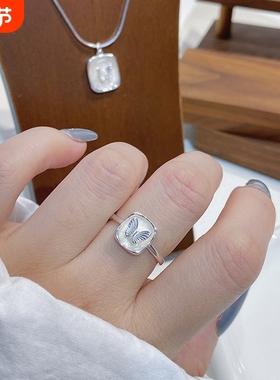 s925纯银流沙闪闪蝴蝶耳钉女复古法式指环方形高级感爆款