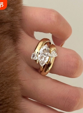 时尚轻奢两戴宽版马眼钻戒指女小众设计感个性镶钻指环高级感手饰