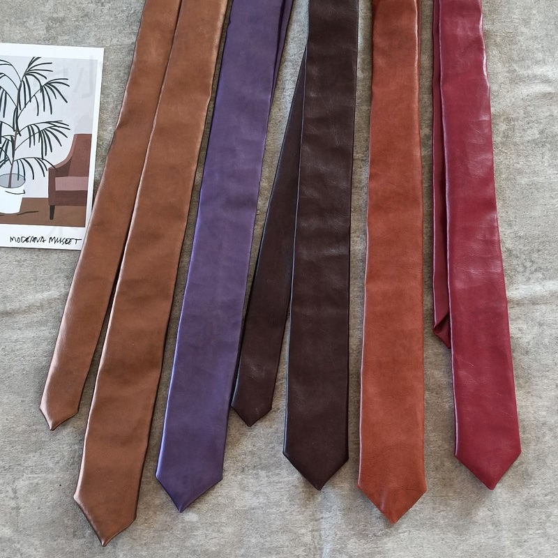 MIMI 黑色驼棕色PU皮质领带女手打细窄版5.5cm复古摇滚个