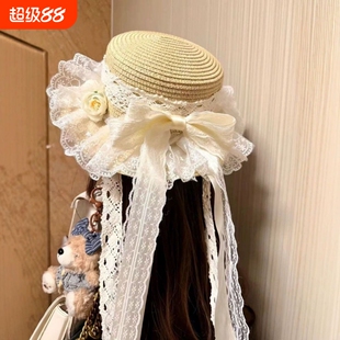 原创森系遮阳帽田园lo娘软妹草帽doll感蕾丝蝴蝶结飘带沙滩帽子