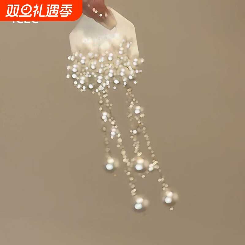 2025新款清冷感白色泡泡珍珠流苏耳钉法式超仙气质温柔长款耳饰