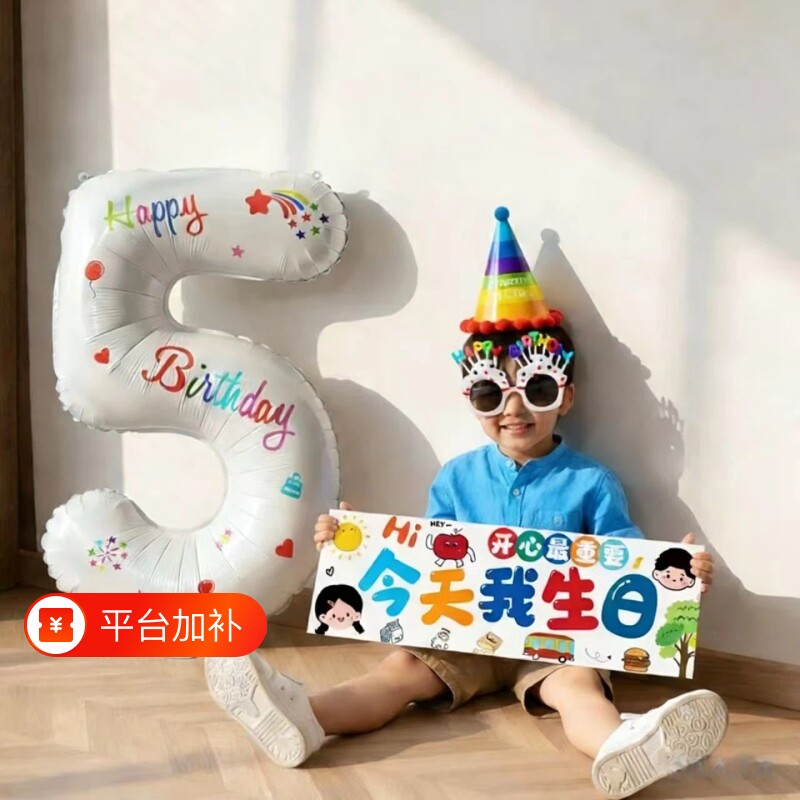 生日气球场景布置装饰数字男孩6岁氛围拍照道具高级感背景眼镜